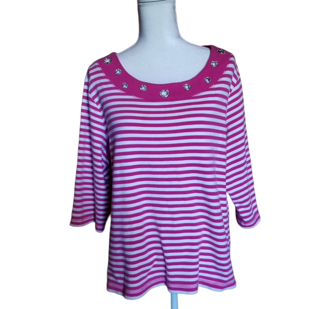 Quacker Factory Striped Pollover Top 3/4 Sleeves Plus Size 2X